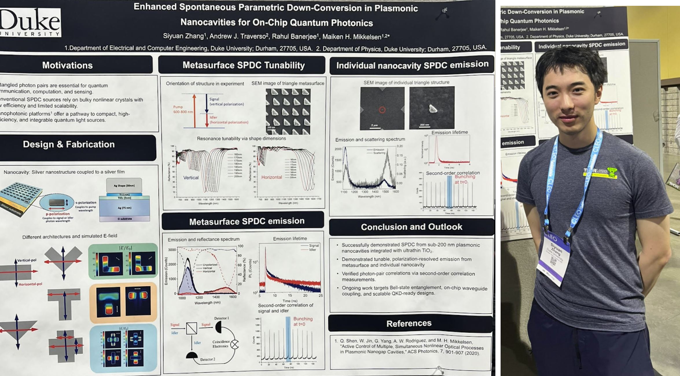 Siyuan Zhang  presenting his research, titled Enhanced Spontaneous Parametric Down-Conversion in Plasmonic Nanocavities for On-Chip Quantum Photonics, via poster presentation at CLEO 2025
