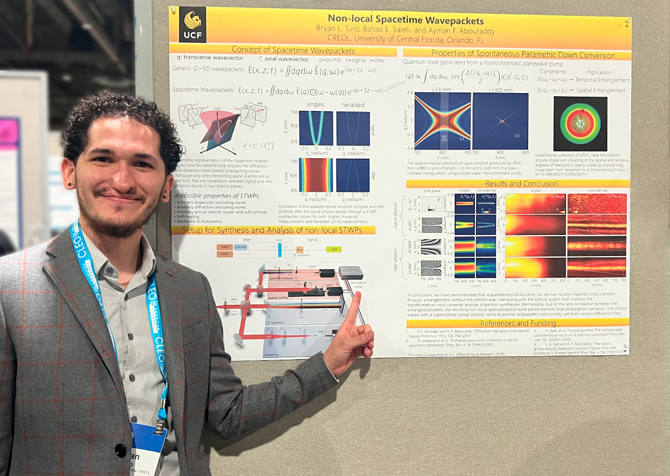 Bryan Turo presenting his research, titled Non-local Spacetime Wavepackets, via poster presentation at CLEO 2025