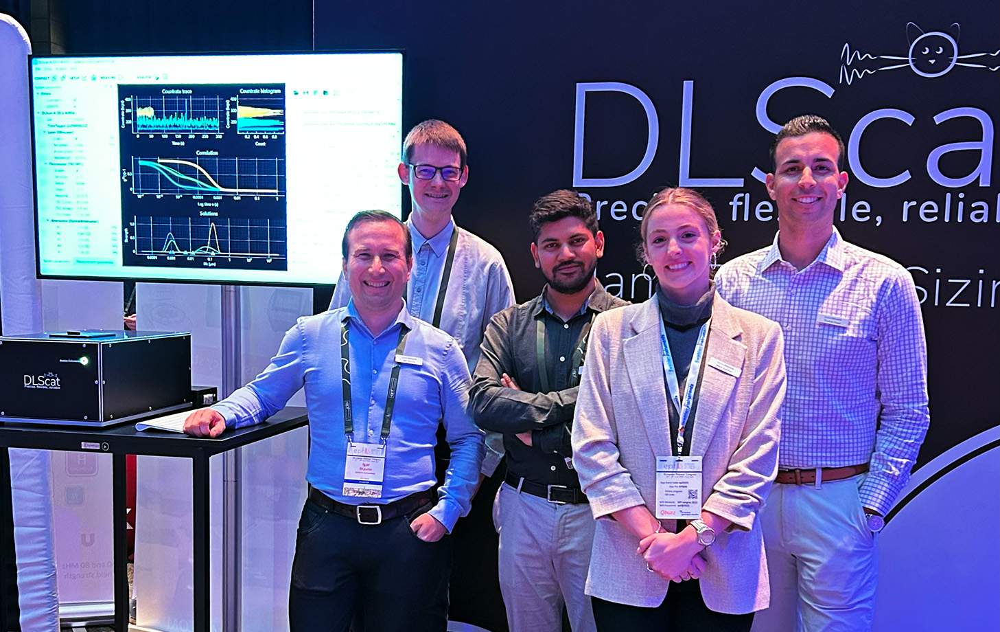 Swabian Instruments team at the exhibition booth, showcasing our advanced Dynamic Light Scattering instrument, the DLScat
