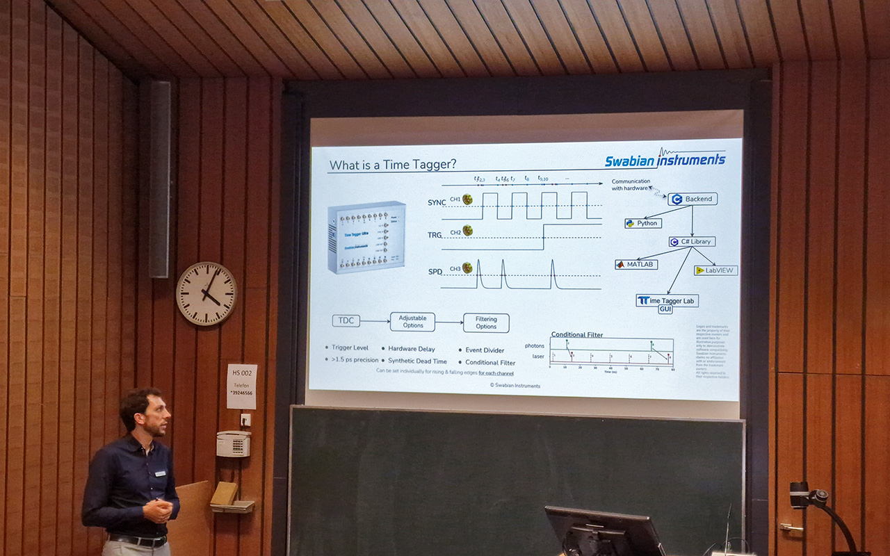 Swabian Instruments talk at DPG 2025 covering Time Tagger software features (filters, API, GUI), networked Time Taggers that operate remotely as if local, streaming and merging TimeTags over standard networks, synchronization (including White Rabbit clock distribution), and applications in quantum communication.