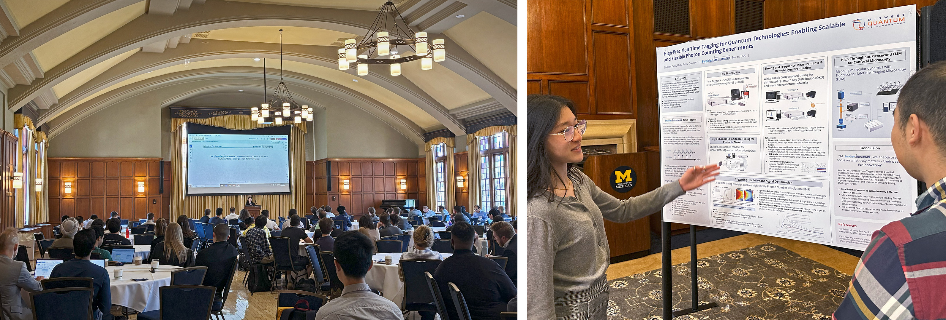 (Left) At MQC Entanglement 2025, a large audience sits in rows of chairs and round tables, listening to Ginger Geng from Swabian Instruments deliver a technical presentation. A projection screen at the front of the room displays the company's mission statement: “At Swabian Instruments, we enable users to focus on what truly matters — their passion for innovation.” (Right) Ginger Geng from Swabian Instruments stands in front of a scientific poster titled High-Precision Time Tagging for Quantum Technologies at MQC Entanglement 2025. The poster summarizes recent work on picosecond timing jitter, photon-number resolution, synchronization for quantum networks, fluorescence lifetime imaging, and detector characterization testbeds.