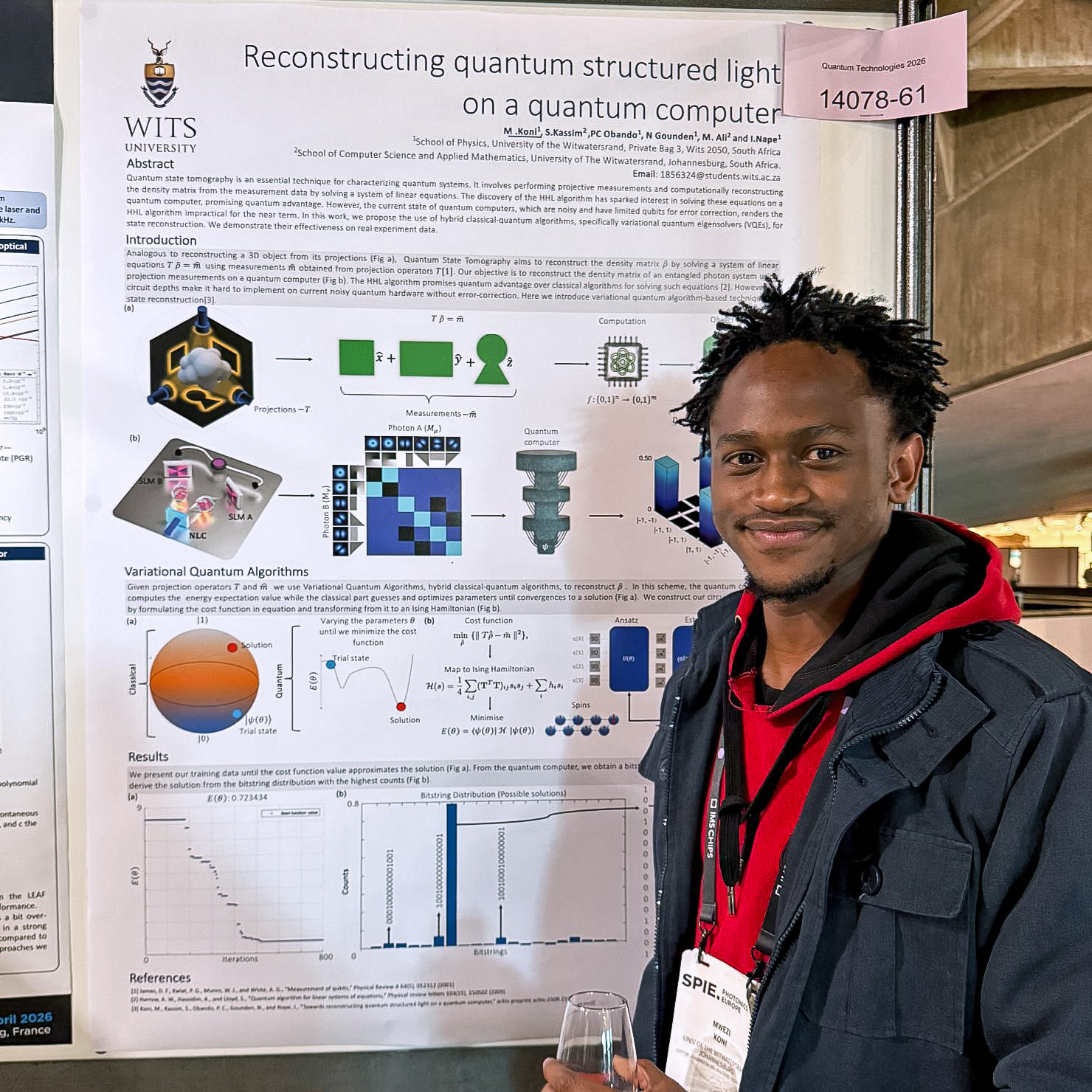 Mwezi Koni standing next to his research poster at SPIE Photonics Europe in Strasbourg, presenting work on quantum structured light and quantum computing methods using a Time Tagger Ultra  from Swabian Instruments.