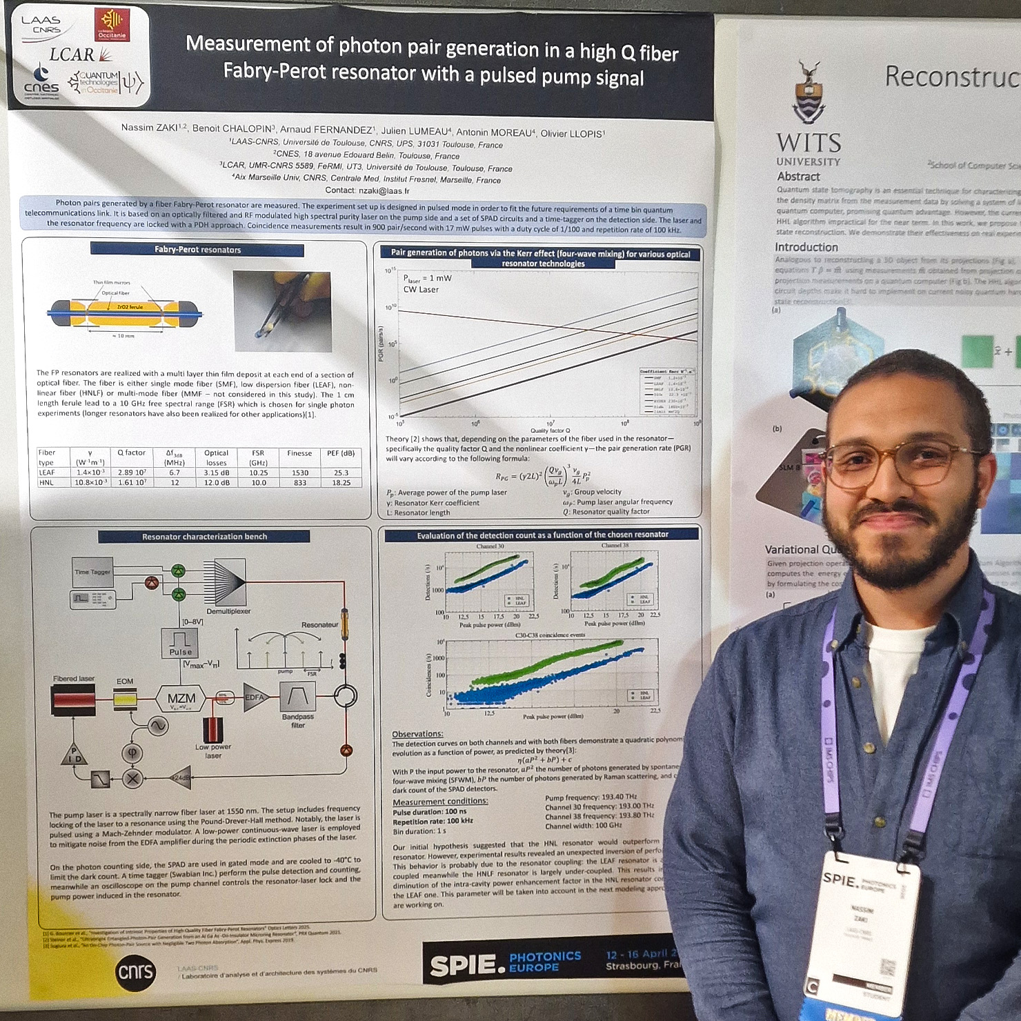 Nassim Zaki standing beside his poster at SPIE Photonics Europe, explaining photon-pair generation in a high-Q fiber Fabry-Perot resonator using a Time Tagger Ultra from Swabian Instruments.